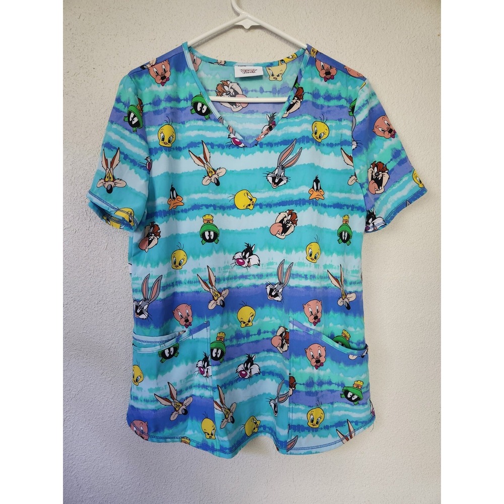 Daffy Tweety Pig Looney Toons Women Scrub Top V-Neck Medical Uniform Shirt M‎